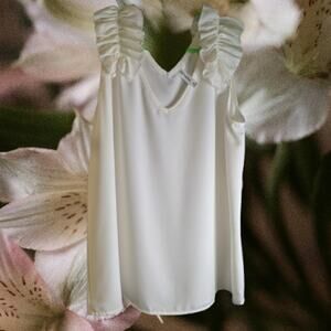 Zenana XL sleeveless cream polyester ruffle accent v neck casual woman's blouse